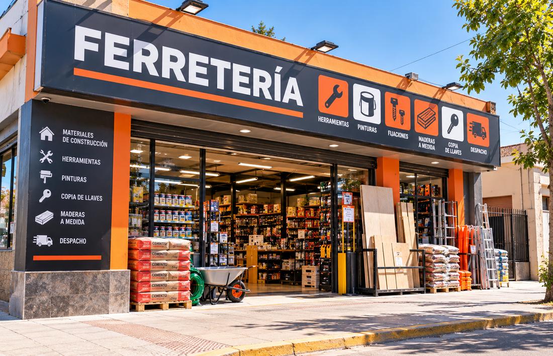 Fachada de la ferretería con su letrero y materiales en la vereda